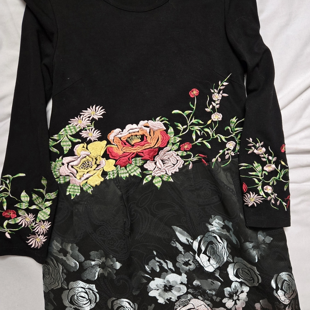 BCBGMaxAzria Black Long Sleeve Floral Embroidered Dress